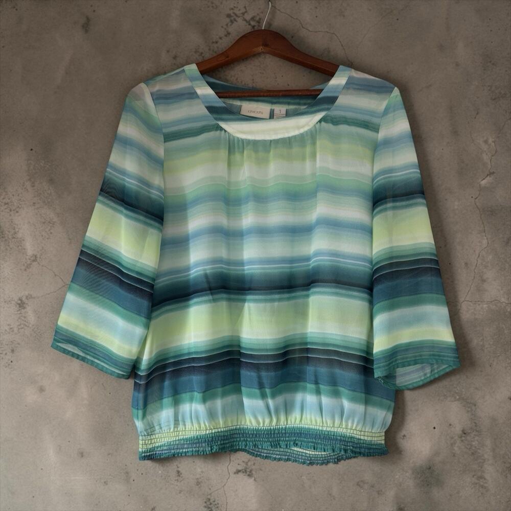 Chico's Women's Striped Chiffon Sheer Smocked Hem Blouse 3/4 Sleeve Size 8/10